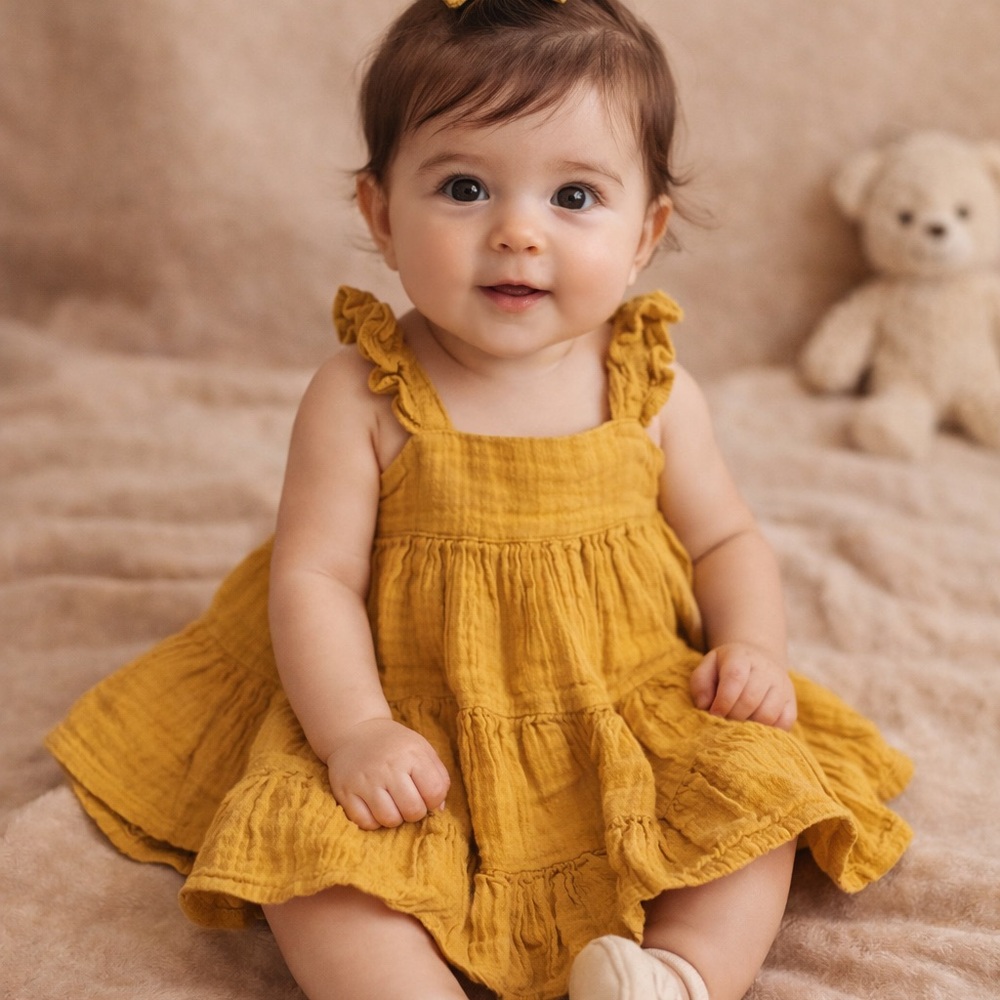 Baby Gap Mustard Tiered Dress 6–12M | Ruffle Strap Cotton